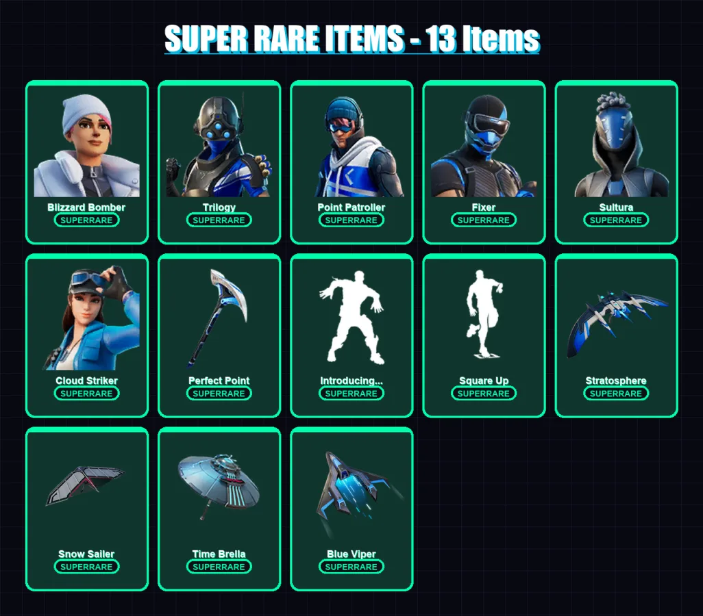 [PS4/PS5/XBOX/PC] | Blizzard Bomber | Trilogy | Point Patroller | Fixer | Sultura | 48 skin | 126 pickaxe | 84 emote | 118 glider | Lv2165