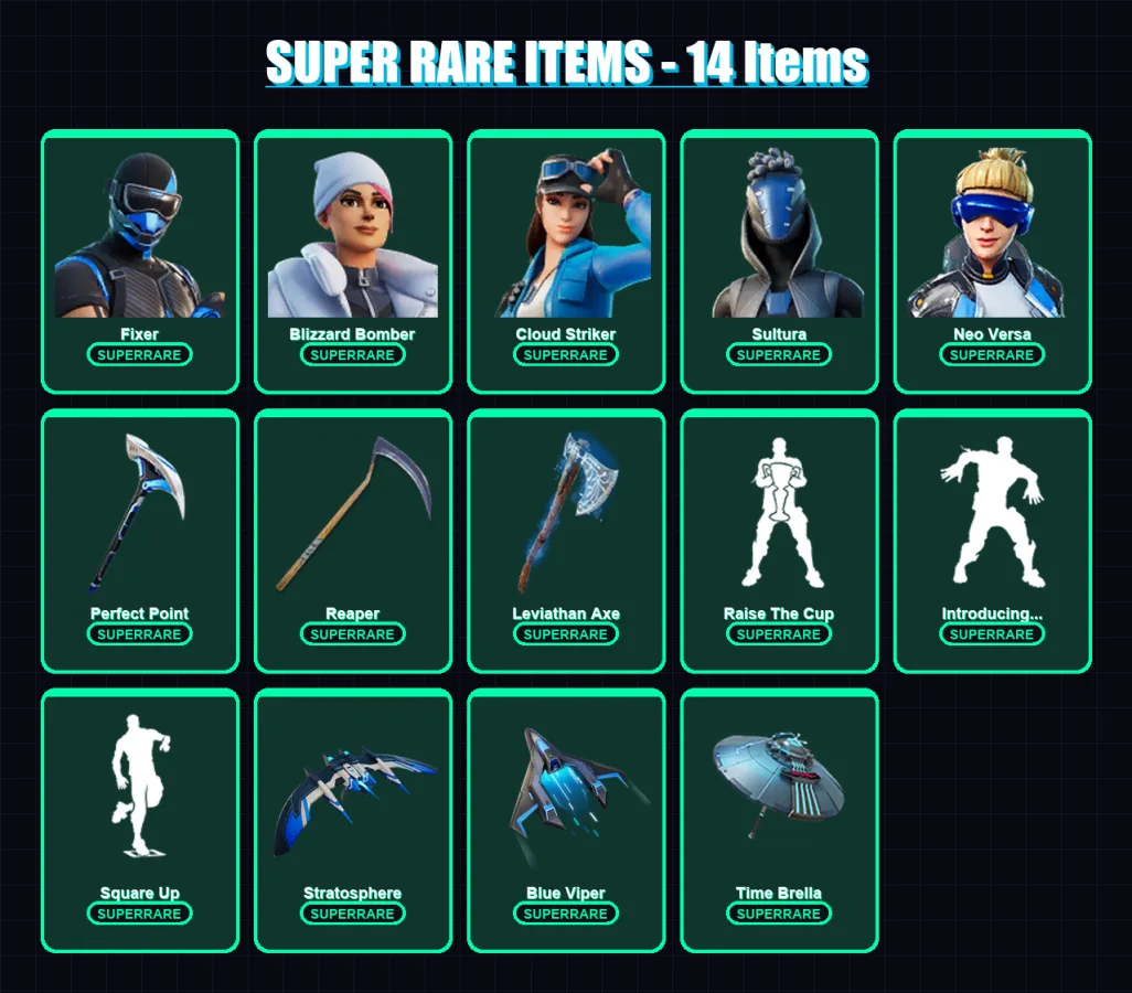 [PC/XBOX/PSN] | Fixer | Blizzard Bomber | Cloud Striker | Sultura | Neo Versa | 100 skin | 148 pickaxe | 103 emote | 112 glider | Lv1510