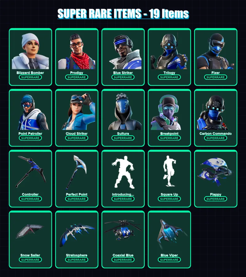 [PC/PSN] | Blizzard Bomber | Prodigy | Blue Striker | Trilogy | Fixer | 52 skin | 99 pickaxe | 79 emote | 89 glider | Lv1373