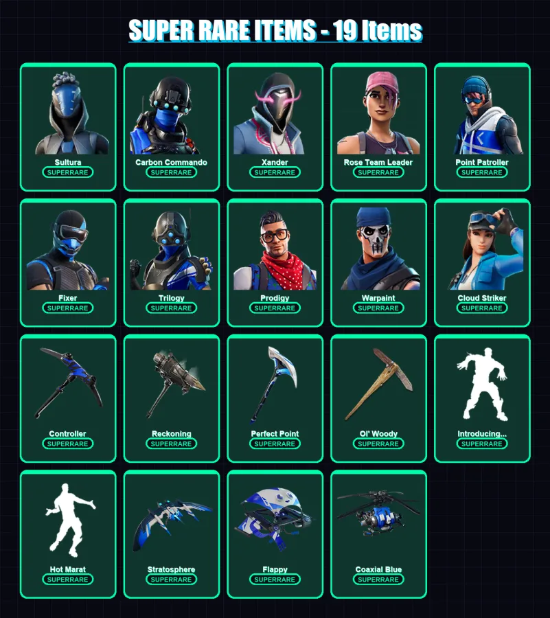 [PC/XBOX/PSN] | Sultura | Carbon Commando | Xander | Rose Team Leader | Point Patroller | 134 skin | 132 pickaxe | 100 emote | 99 glider | Lv1293 — Fortnite account