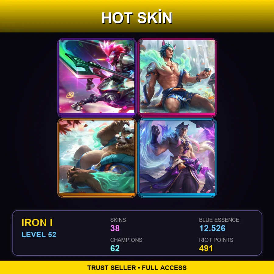 EUW | Lv52 | Iron I | 38 Skin | 62 Champ