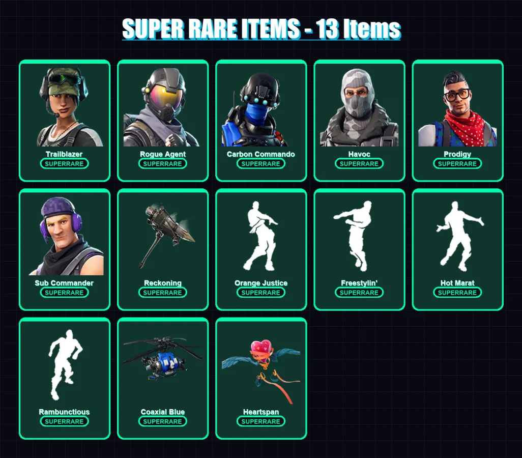 [PS4/PS5/XBOX/PC] | Trailblazer | Rogue Agent | Carbon Commando | Havoc | Prodigy | 54 skin | 42 pickaxe | 49 emote | 50 glider | Lv638