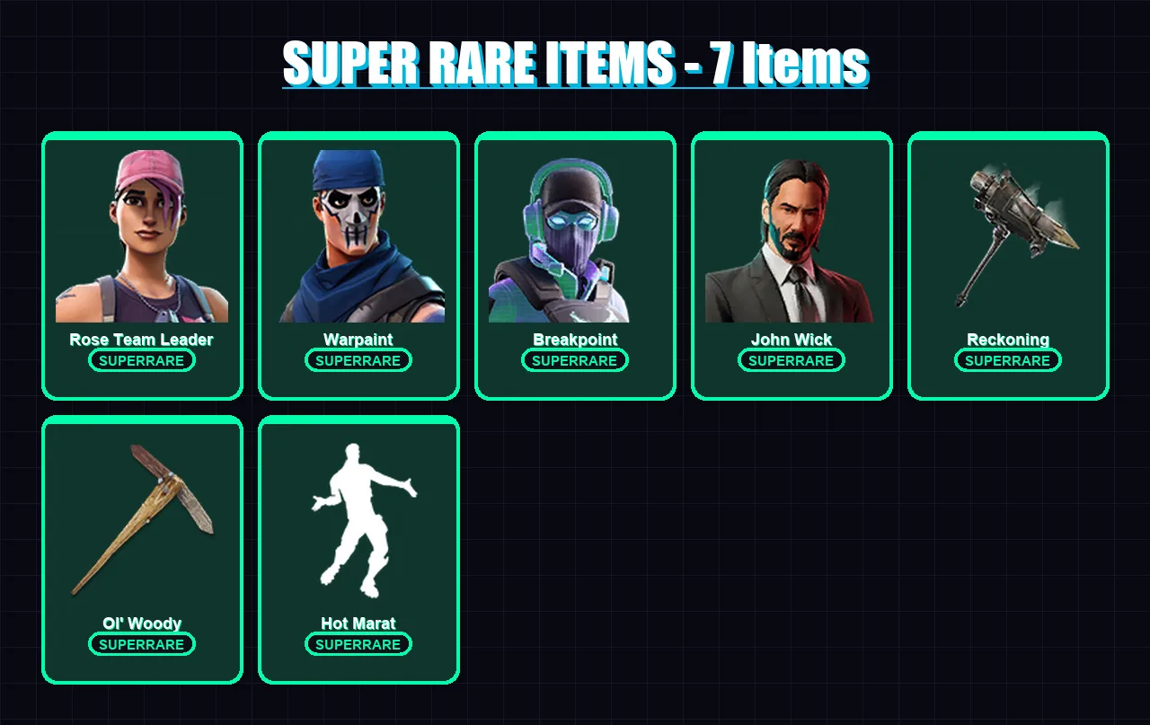 [PC/XBOX] | Rose Team Leader | Warpaint | Breakpoint | John Wick | Drift | 104 skin | 88 pickaxe | 132 emote | 104 glider | Lv1381