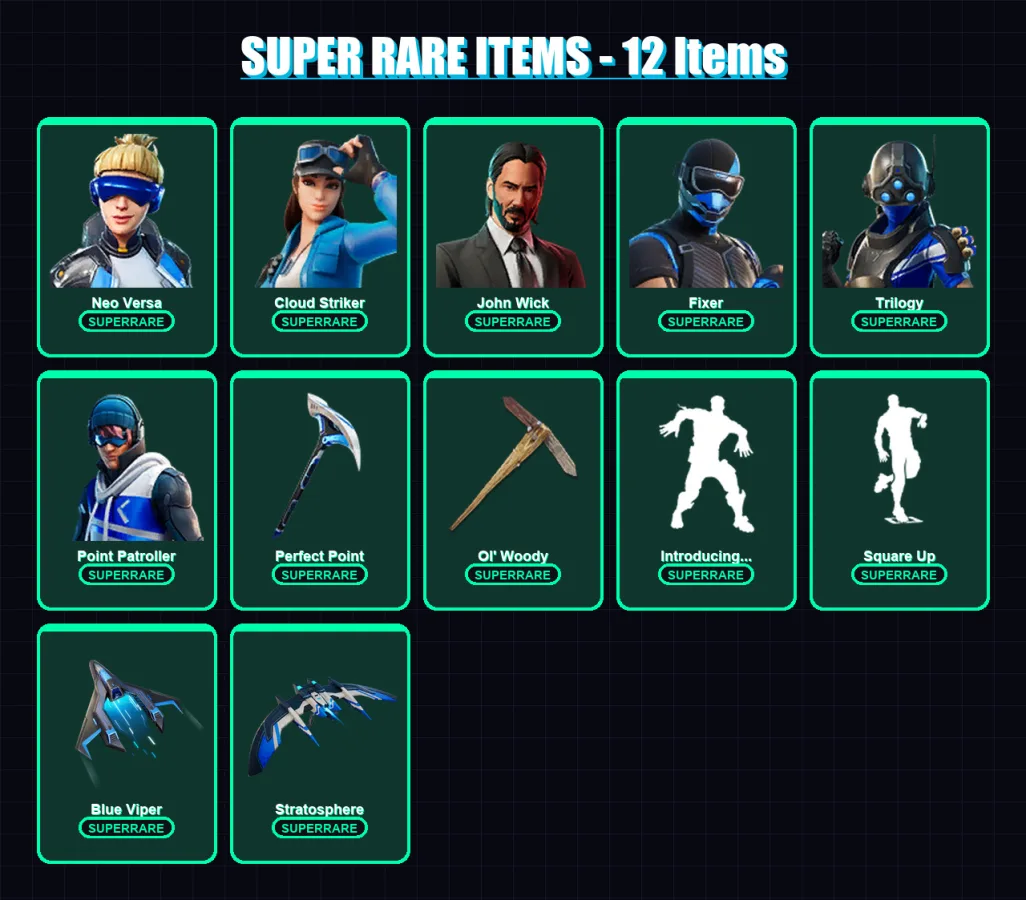 [PS4/PS5/XBOX/PC] | Neo Versa | Cloud Striker | John Wick | Fixer | Trilogy | 104 skin | 88 pickaxe | 93 emote | 64 glider | Lv1150