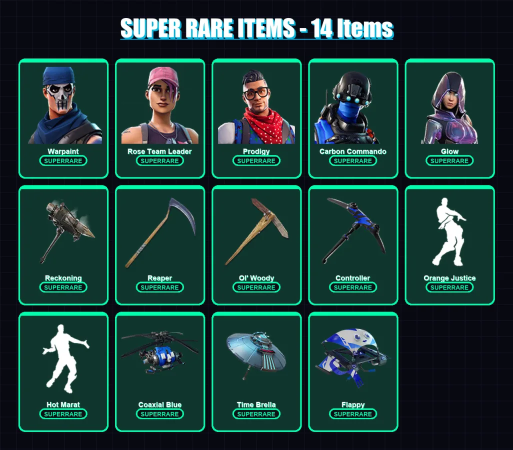 [PC/XBOX] | Warpaint | Rose Team Leader | Prodigy | Carbon Commando | Glow | 197 skin | 230 pickaxe | 170 emote | 203 glider | Lv2684 — Fortnite account
