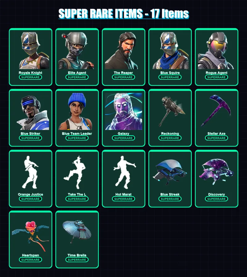[PC] | Royale Knight | Elite Agent | The Reaper | Blue Squire | Rogue Agent | 67 skin | 53 pickaxe | 90 emote | 72 glider | Lv1165 — Fortnite account