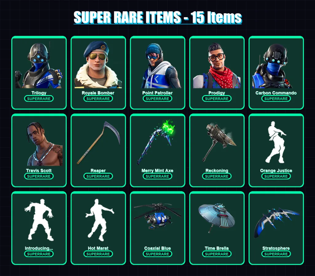 [PS4/PS5/XBOX/PC] | Trilogy | Royale Bomber | Point Patroller | Prodigy | Carbon Commando | 57 skin | 67 pickaxe | 75 emote | 75 glider | Lv1067