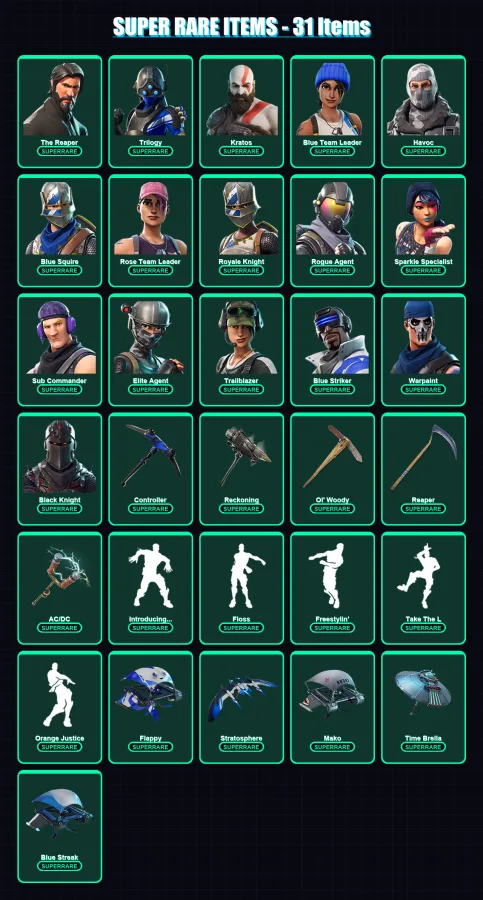 [PS4/PS5/PC] | The Reaper | Trilogy | Kratos | Blue Team Leader | Havoc | 125 skin | 110 pickaxe | 108 emote | 107 glider | Lv1406