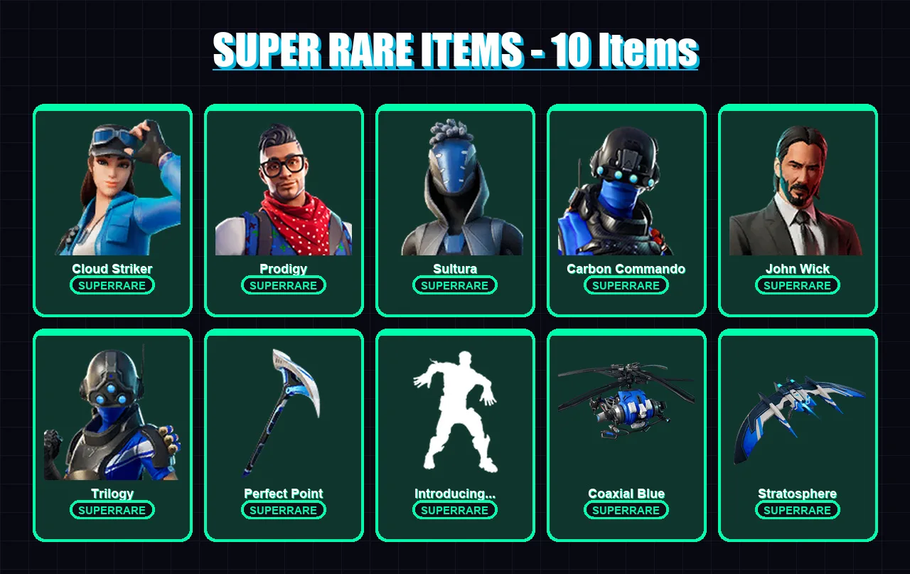 [PS4/PS5/XBOX/PC] | Cloud Striker | Prodigy | Sultura | Carbon Commando | John Wick | 70 skin | 83 pickaxe | 92 emote | 74 glider | Lv1032