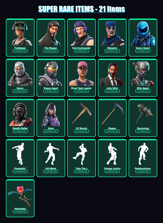 [SWITCH/PSN/PC] | Trailblazer | The Reaper | Sub Commander | Warpaint | Honor Guard | 198 skin | 146 pickaxe | 166 emote | 121 glider | Lv1599