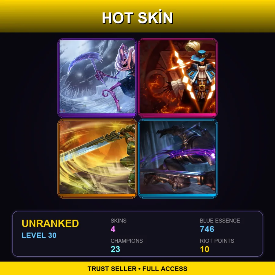 LAS | Dark Candy Fiddlesticks | Musketeer Twisted Fate | Commando Garen | Assassin Master Yi | 4 Skin | 23 Champ | Lv30