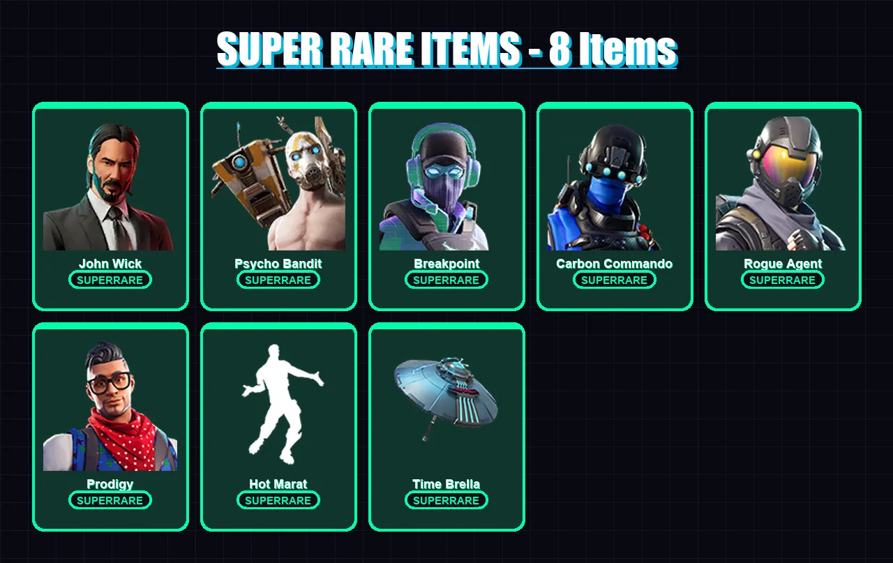 [PS4/PS5/XBOX/PC] | John Wick | Psycho Bandit | Breakpoint | Carbon Commando | Rogue Agent | 108 skin | 132 pickaxe | 116 emote | 128 glider | Lv170
