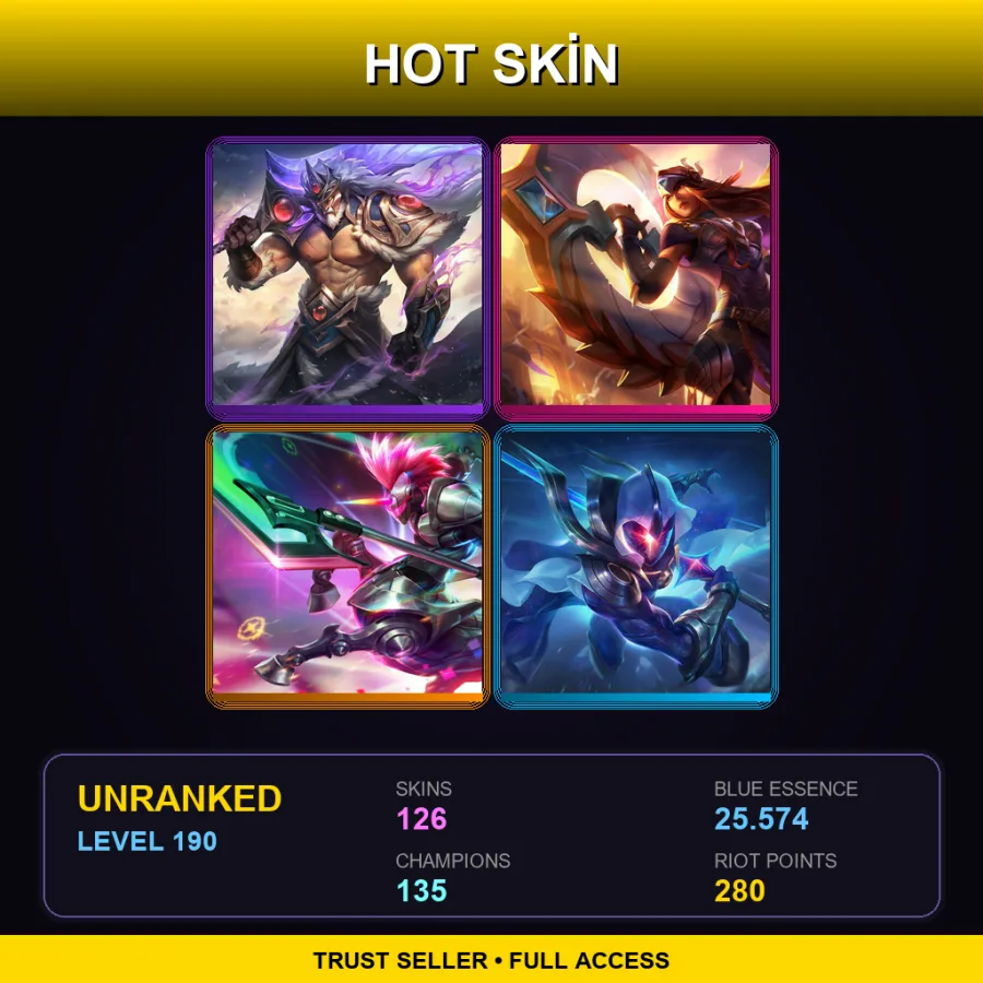 OCE | Lv190 | Unranked | 126 Skin | 135 Champ — LoL account
