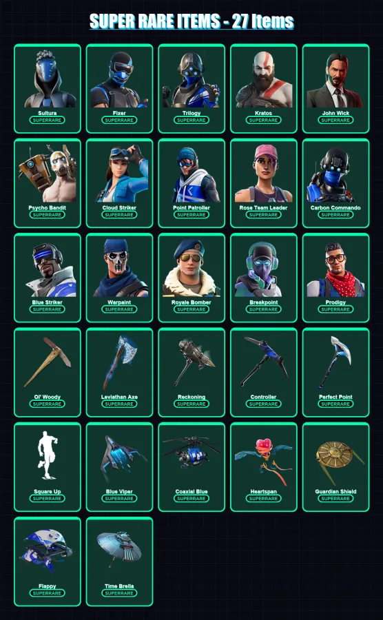 [PS4/PS5/XBOX/PC] | Sultura | Fixer | Trilogy | Kratos | John Wick | 245 skin | 219 pickaxe | 162 emote | 177 glider | Lv2489