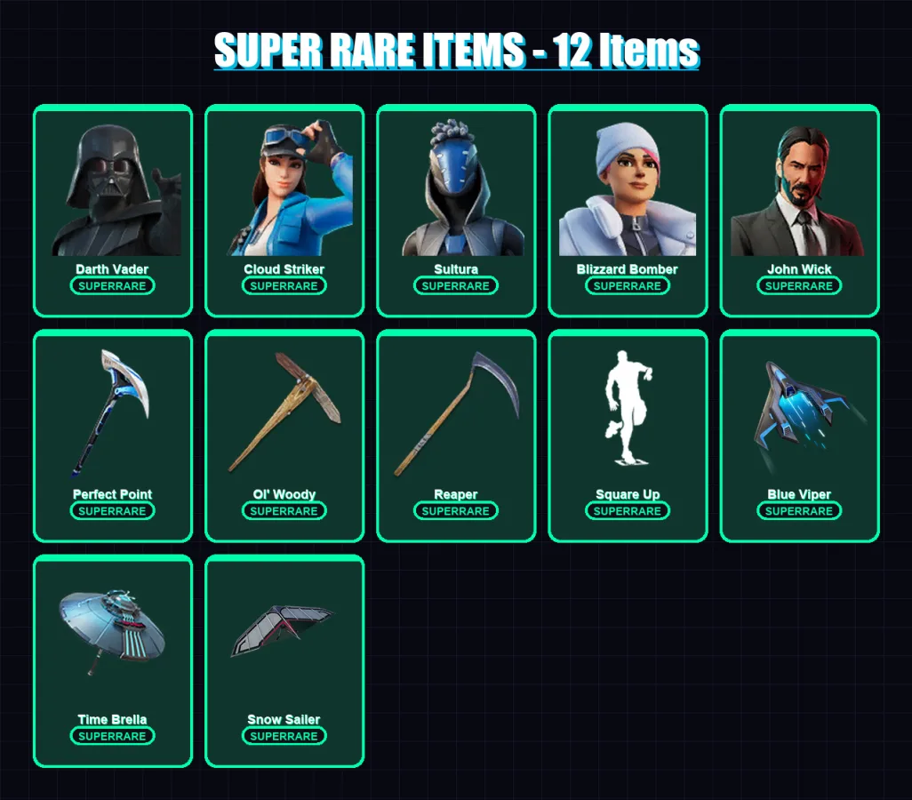 [PS4/PS5/XBOX/PC] | Darth Vader | Cloud Striker | Sultura | Blizzard Bomber | John Wick | 156 skin | 201 pickaxe | 165 emote | 144 glider | Lv2470