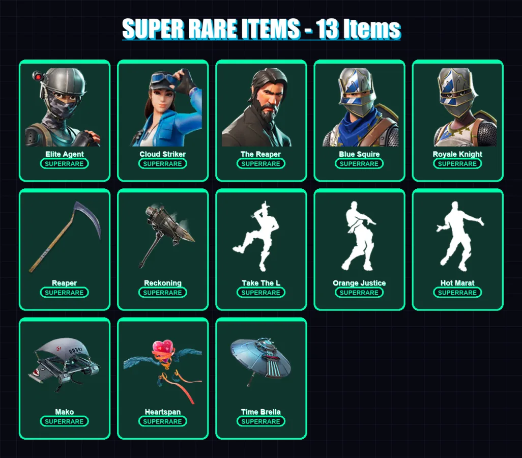 [PS4/PS5/XBOX/PC] | Elite Agent | Cloud Striker | The Reaper | Blue Squire | Royale Knight | 109 skin | 105 pickaxe | 97 emote | 111 glider | Lv1667