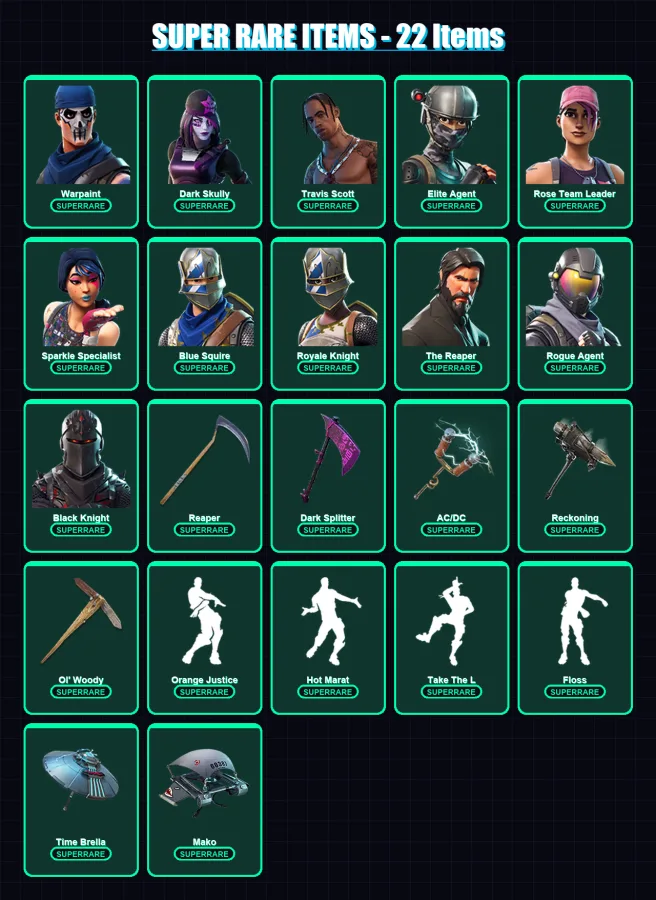 [PC/PSN] | Warpaint | Dark Skully | Travis Scott | Elite Agent | Rose Team Leader | 185 skin | 166 pickaxe | 150 emote | 148 glider | Lv2215