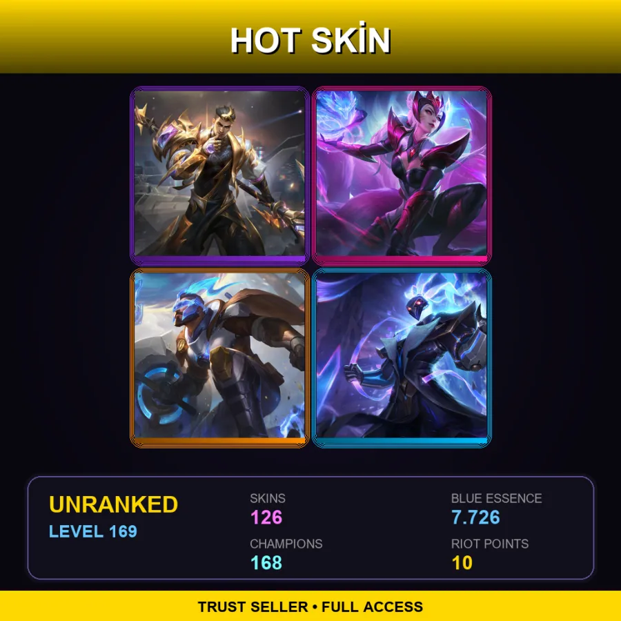 SG | Prestige T1 Jayce | Challenger Ahri | Pulsefire Pantheon | Pulsefire Thresh | 126 Skin | 168 Champ | Lv169