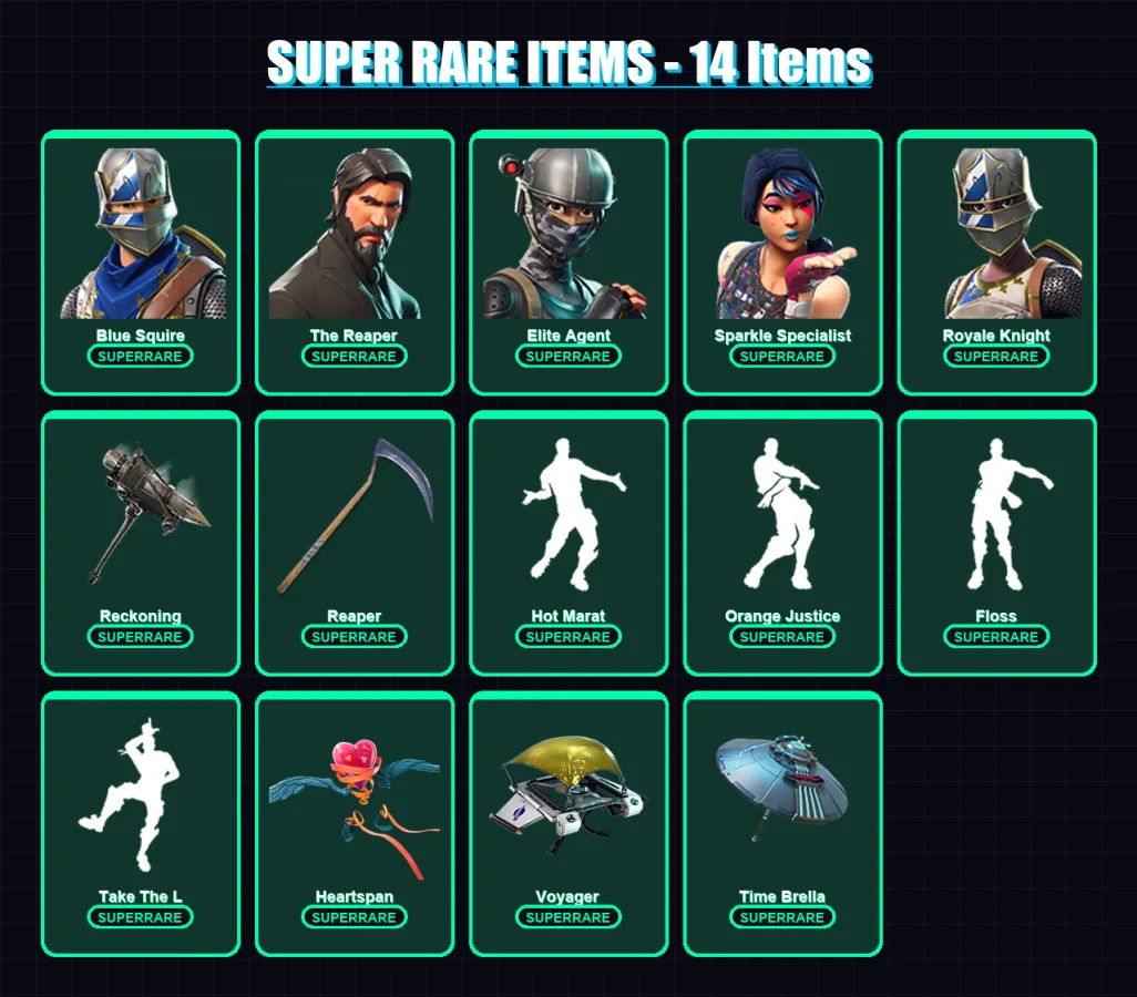 [PC/PSN] | Blue Squire | The Reaper | Elite Agent | Sparkle Specialist | Royale Knight | 84 skin | 108 pickaxe | 115 emote | 118 glider | Lv1820