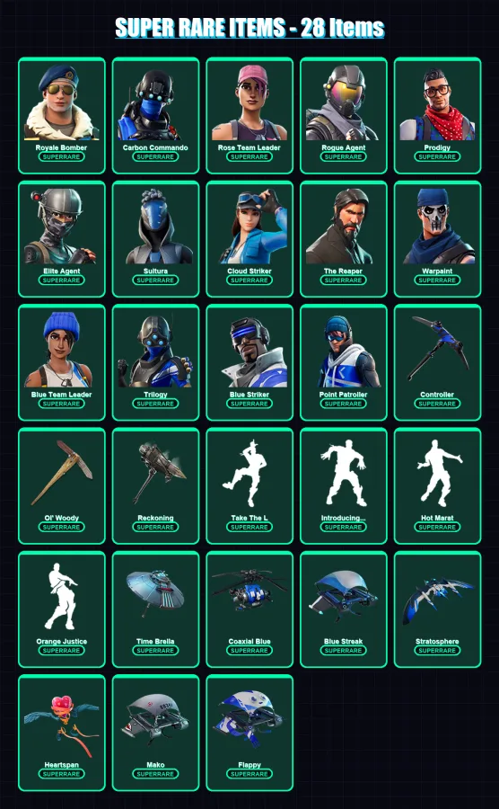 [PC] | Royale Bomber | Carbon Commando | Rose Team Leader | Rogue Agent | Prodigy | 71 skin | 48 pickaxe | 91 emote | 55 glider | Lv600