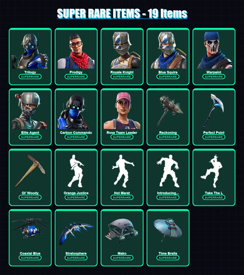 [PC/PSN] | Trilogy | Prodigy | Royale Knight | Blue Squire | Warpaint | 110 skin | 150 pickaxe | 118 emote | 124 glider | Lv1723