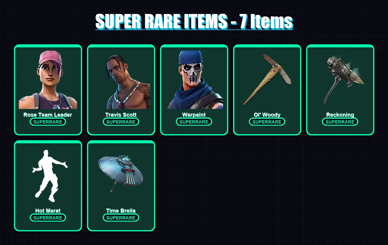 [PC] | Rose Team Leader | Travis Scott | Warpaint | The Ice King | Fade | 168 skin | 192 pickaxe | 159 emote | 161 glider | Lv1867 — Fortnite account