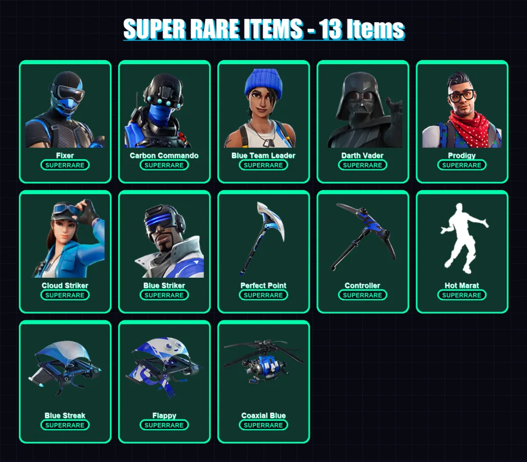 [PC/XBOX] | Fixer | Carbon Commando | Blue Team Leader | Darth Vader | Prodigy | 114 skin | 123 pickaxe | 134 emote | 129 glider | Lv2323