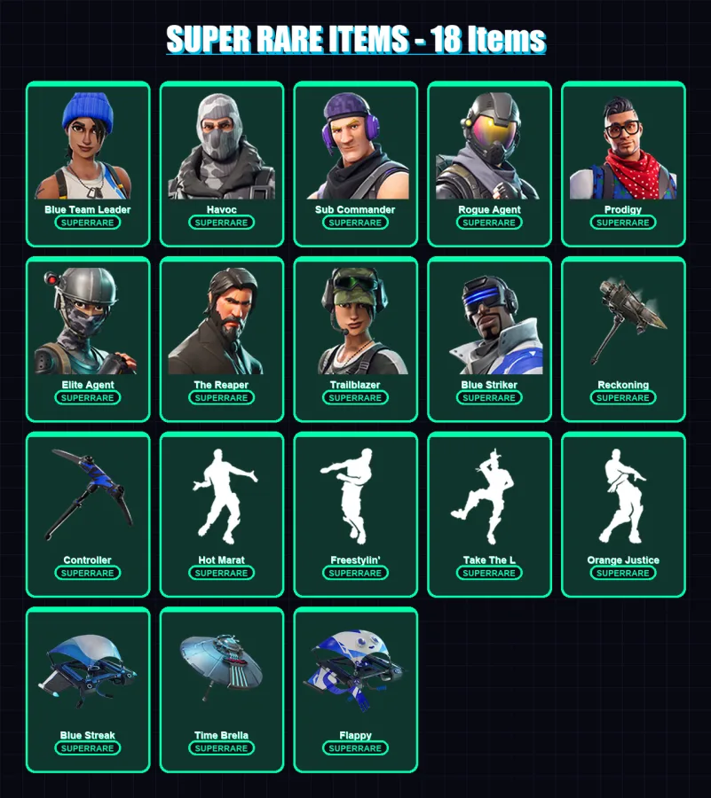 [PC] | Blue Team Leader | Havoc | Sub Commander | Rogue Agent | Prodigy | 87 skin | 84 pickaxe | 82 emote | 76 glider | Lv1359 — Fortnite account