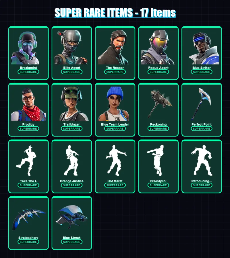 [PS4/PS5/XBOX/PC] | Breakpoint | Elite Agent | The Reaper | Rogue Agent | Blue Striker | 156 skin | 165 pickaxe | 101 emote | 142 glider | Lv2229