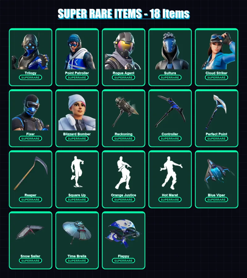 [PS4/PS5/XBOX/PC] | Trilogy | Point Patroller | Rogue Agent | Sultura | Cloud Striker | 101 skin | 136 pickaxe | 110 emote | 114 glider | Lv1500