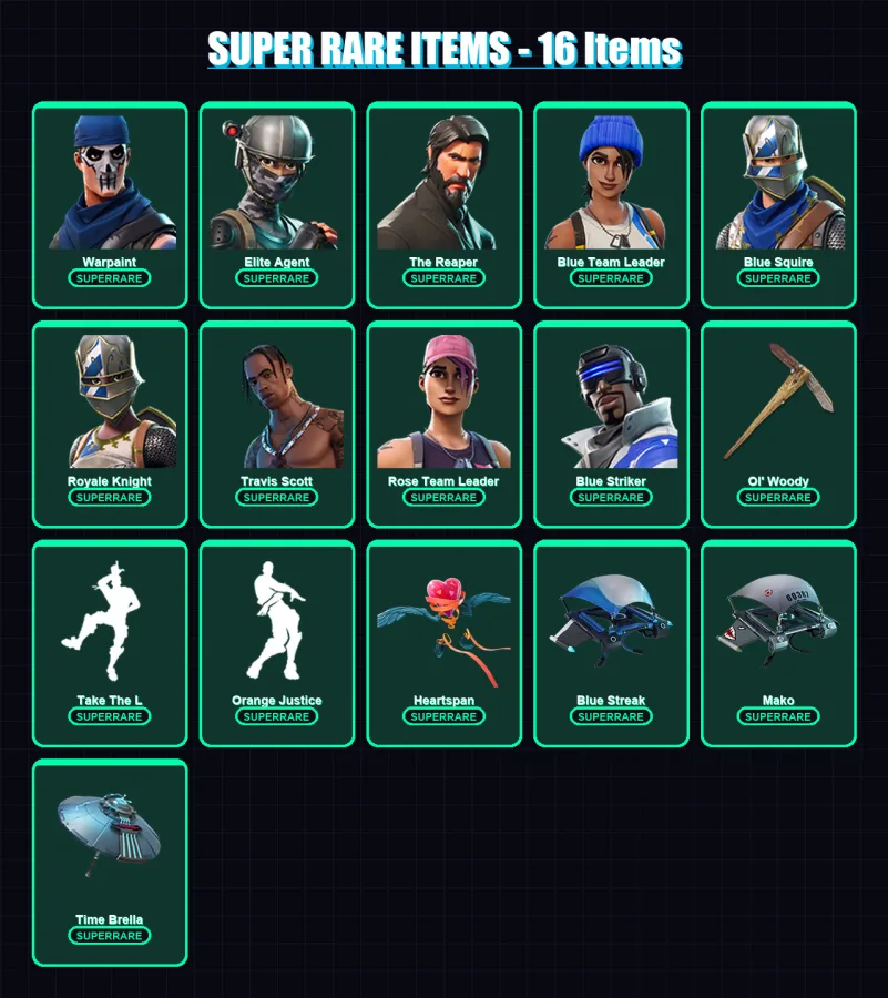 [PC/XBOX] | Warpaint | Elite Agent | The Reaper | Blue Team Leader | Blue Squire | 104 skin | 124 pickaxe | 85 emote | 108 glider | Lv1598
