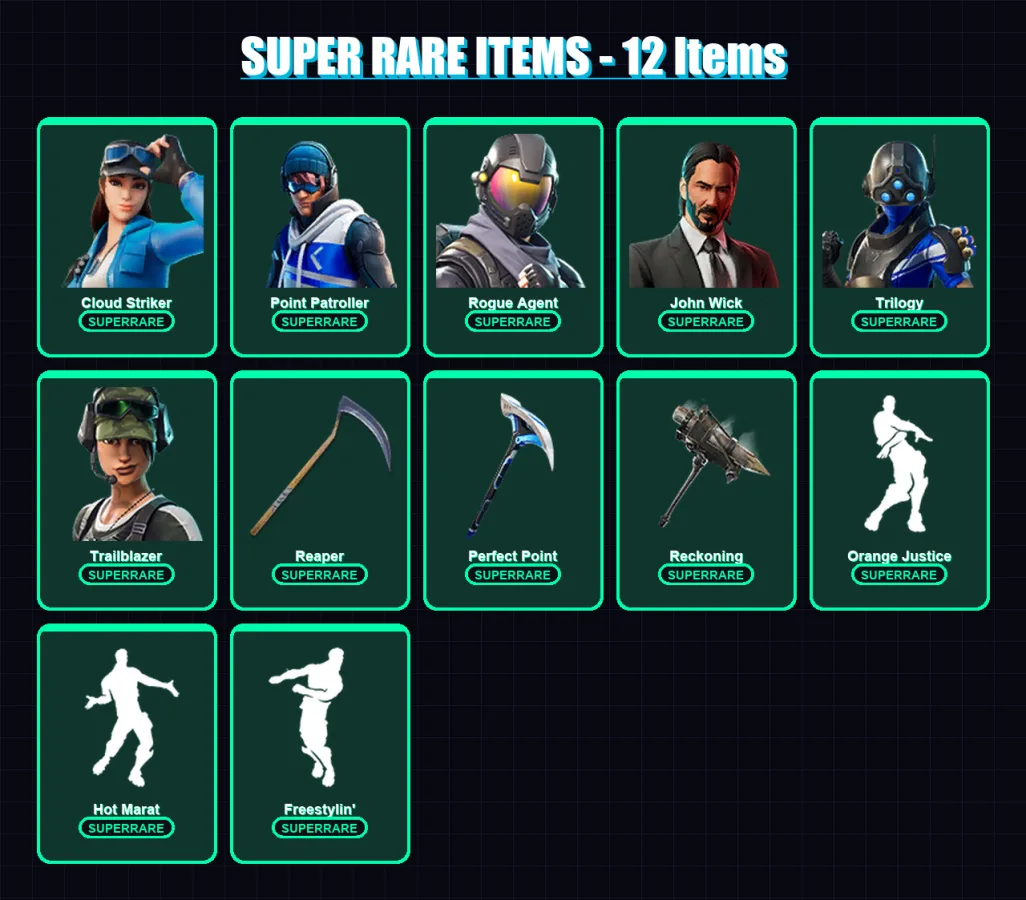 [PC] | Cloud Striker | Point Patroller | Rogue Agent | John Wick | Trilogy | 68 skin | 68 pickaxe | 84 emote | 54 glider | Lv1121