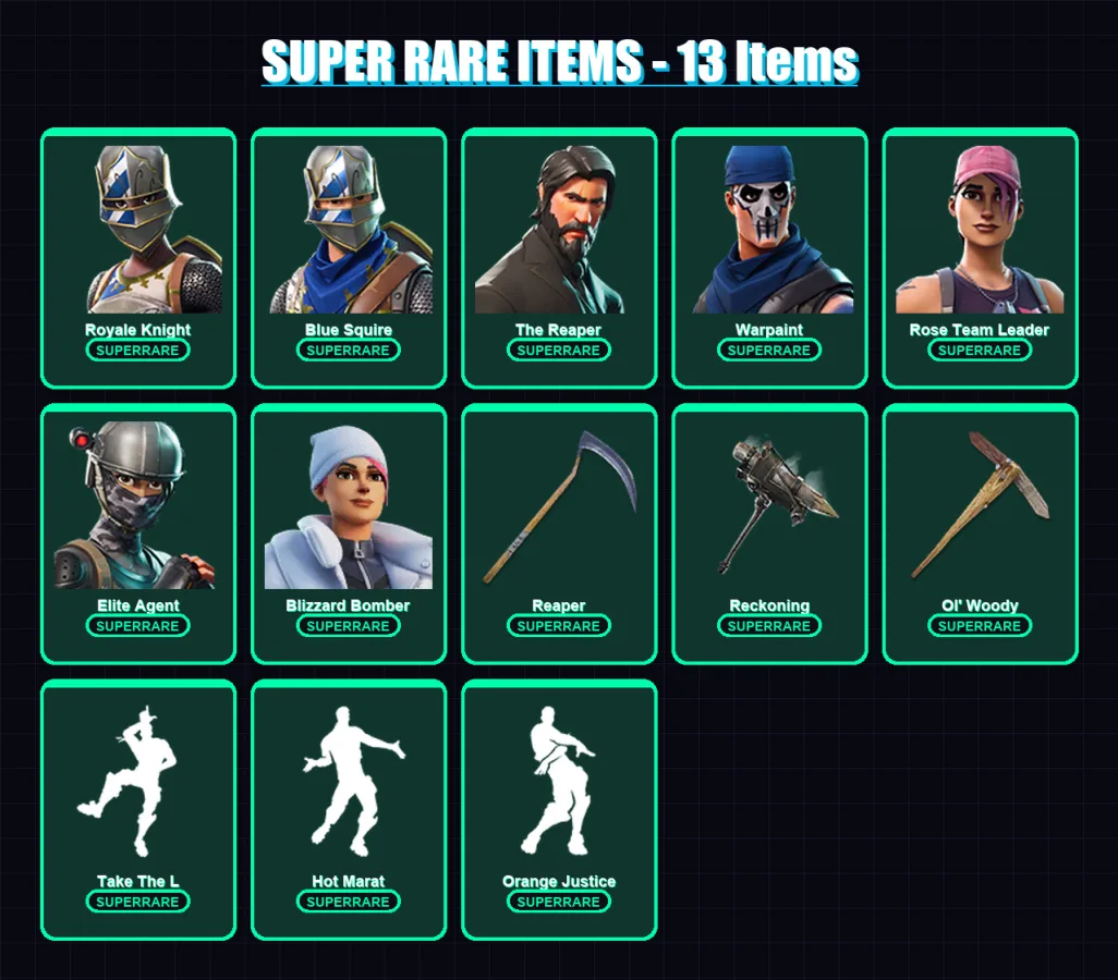 [PS4/PS5/PC] | Royale Knight | Blue Squire | The Reaper | Warpaint | Rose Team Leader | 107 skin | 105 pickaxe | 101 emote | 92 glider | Lv1309 — Game account