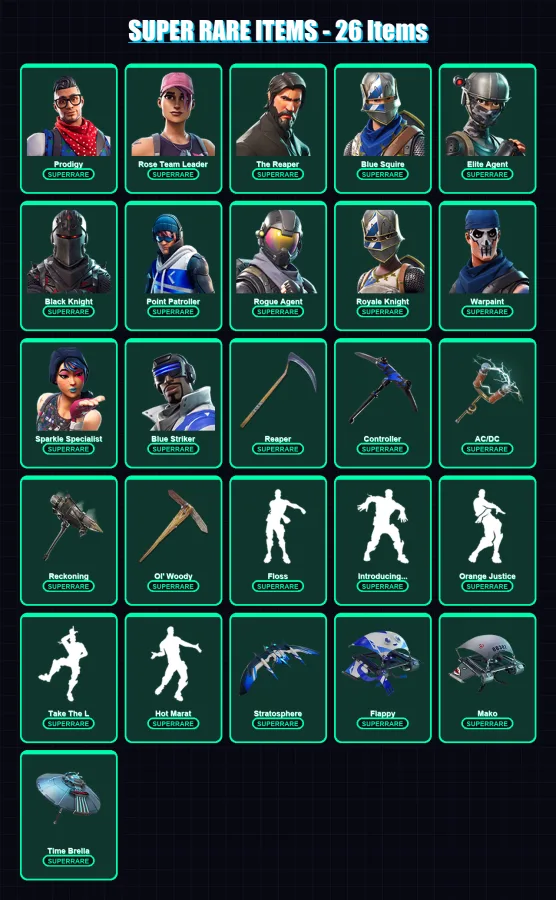 [PC/XBOX/PSN] | Prodigy | Rose Team Leader | The Reaper | Blue Squire | Elite Agent | 174 skin | 188 pickaxe | 192 emote | 166 glider | Lv2423 — Fortnite account