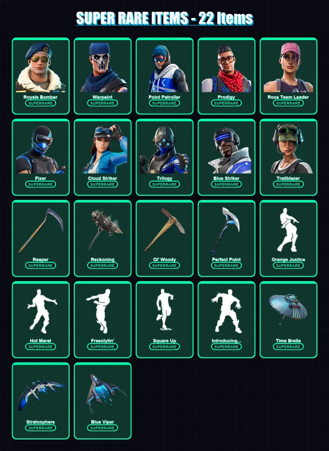 [SWITCH/XBOX/PC] | Royale Bomber | Warpaint | Point Patroller | Prodigy | Rose Team Leader | 168 skin | 174 pickaxe | 167 emote | 162 glider | Lv213