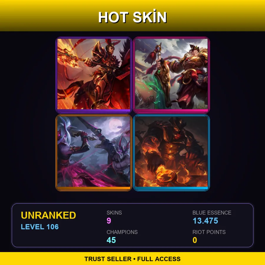 JP | Warring Kingdoms Jarvan IV | Warring Kingdoms Garen | Blood Moon Master Yi | High Noon Darius | 9 Skin | 45 Champ | Lv106