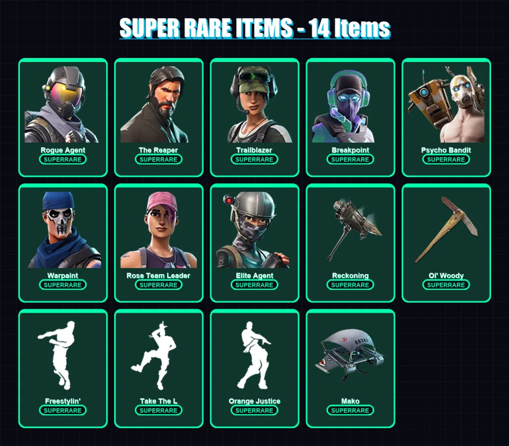 [PC/PSN] | Rogue Agent | The Reaper | Trailblazer | Breakpoint | Psycho Bandit | 234 skin | 241 pickaxe | 162 emote | 180 glider | Lv2307