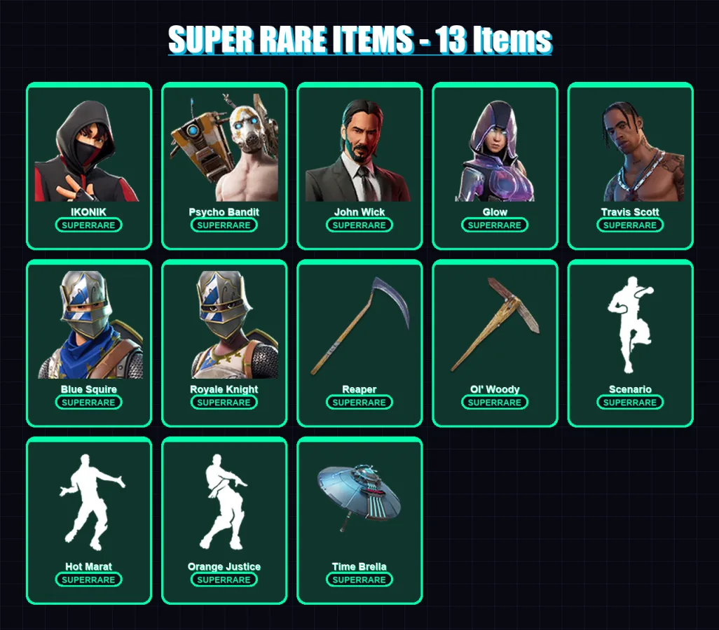 [PC/XBOX/PSN] | IKONIK | Psycho Bandit | John Wick | Glow | Travis Scott | 147 skin | 183 pickaxe | 139 emote | 157 glider | Lv2169