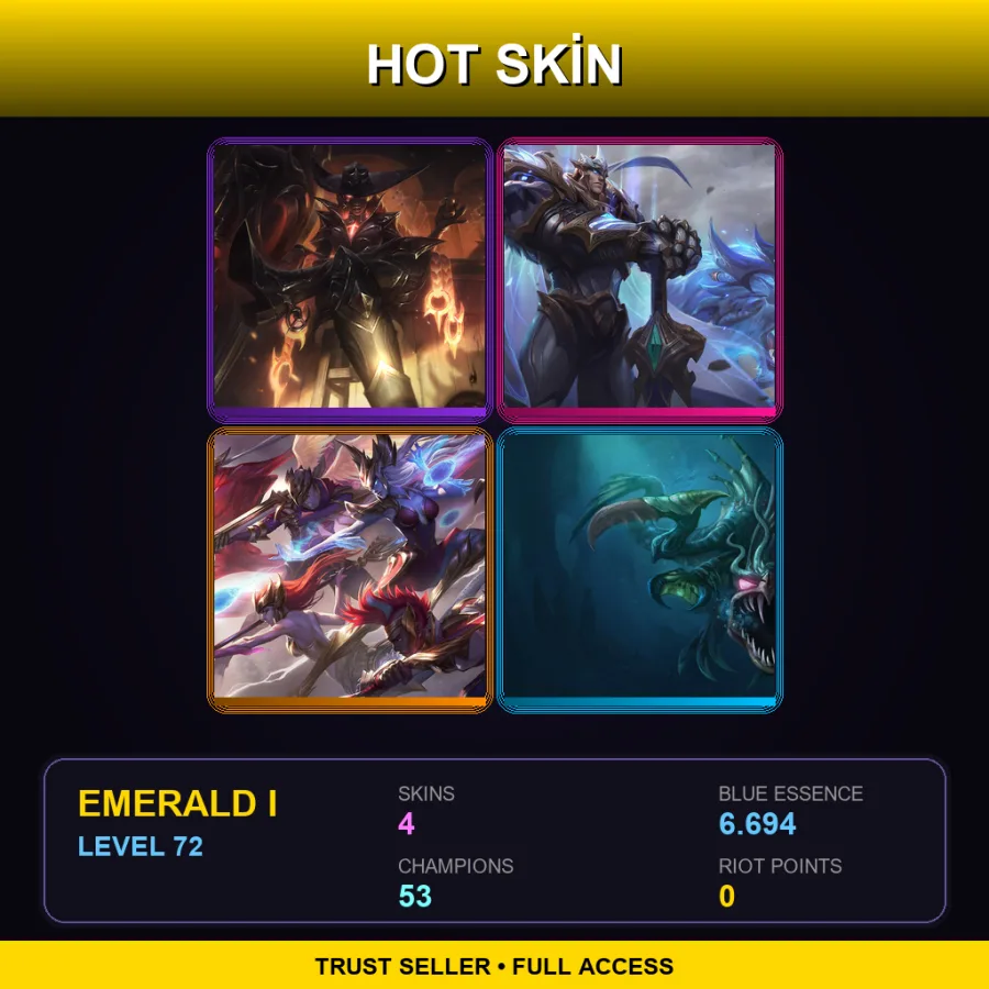 ME | High Noon Senna | God-King Garen | SKT T1 Ekko | Loch Ness Cho'Gath | 4 Skin | 53 Champ | Emerald I | Lv72