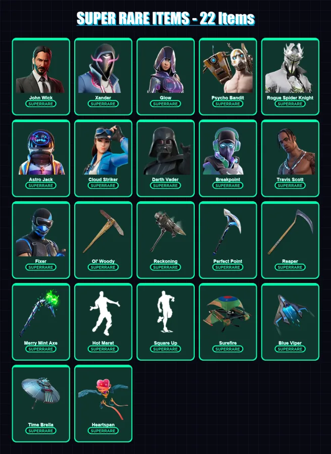 [PC] | John Wick | Xander | Glow | Psycho Bandit | Rogue Spider Knight | 486 skin | 440 pickaxe | 270 emote | 307 glider | Lv5531