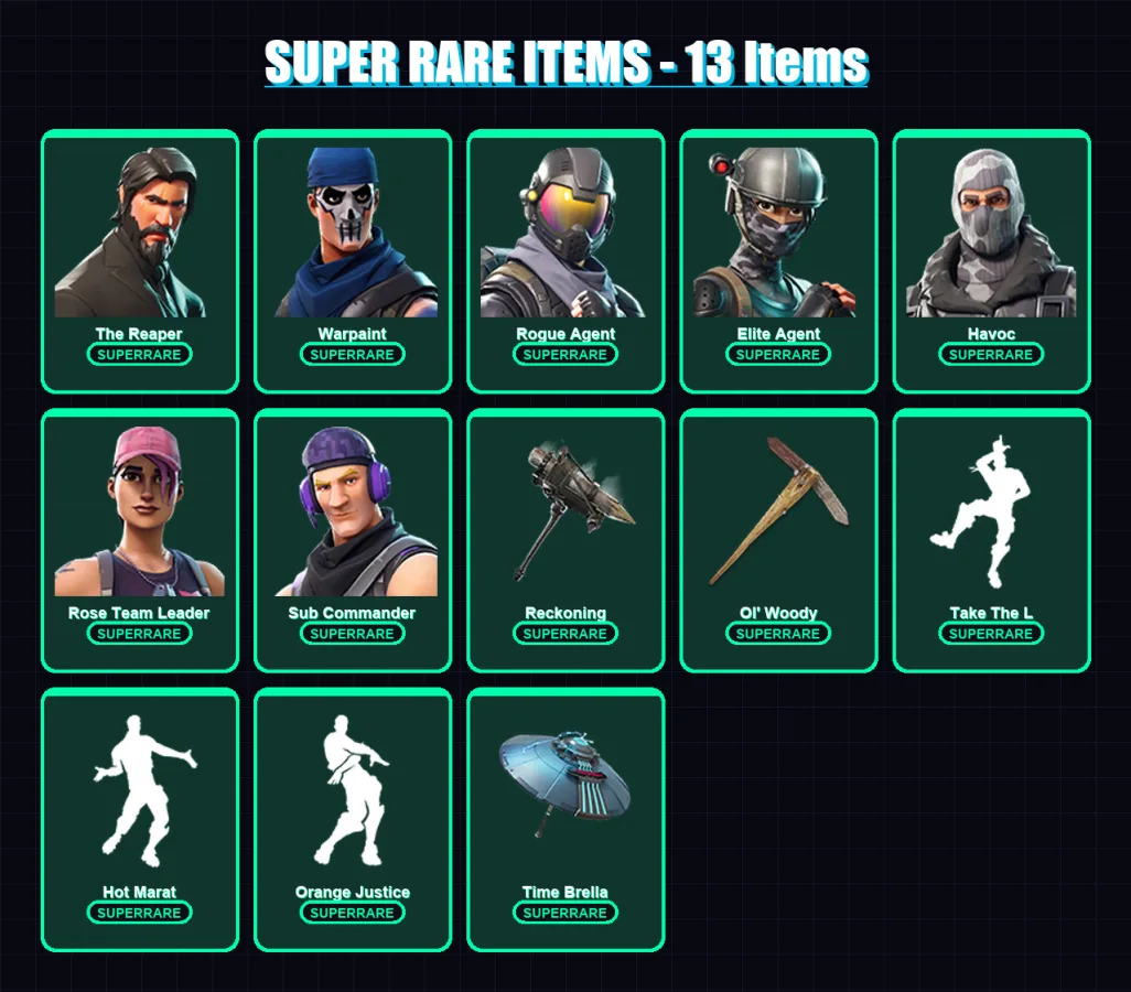 [PC/XBOX] | The Reaper | Warpaint | Rogue Agent | Elite Agent | Havoc | 50 skin | 36 pickaxe | 46 emote | 35 glider | Lv502 — Fortnite account