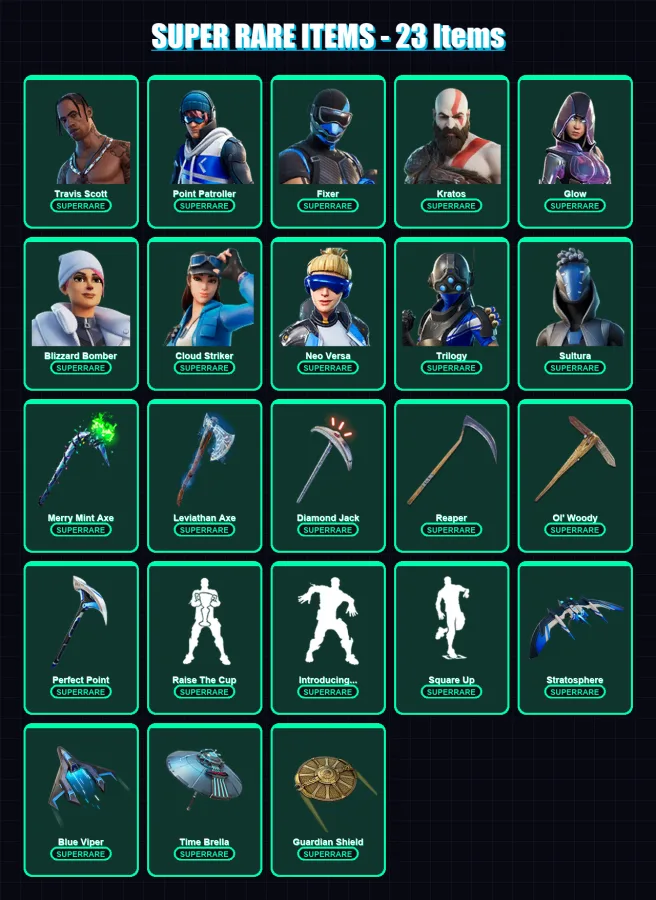 [PS4/PS5/XBOX/PC] | Travis Scott | Point Patroller | Fixer | Kratos | Glow | 428 skin | 385 pickaxe | 239 emote | 231 glider | Lv3441