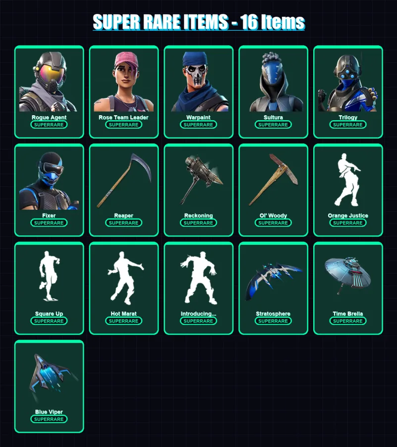 [PC/XBOX/PSN] | Rogue Agent | Rose Team Leader | Warpaint | Sultura | Trilogy | 110 skin | 126 pickaxe | 97 emote | 106 glider | Lv1725