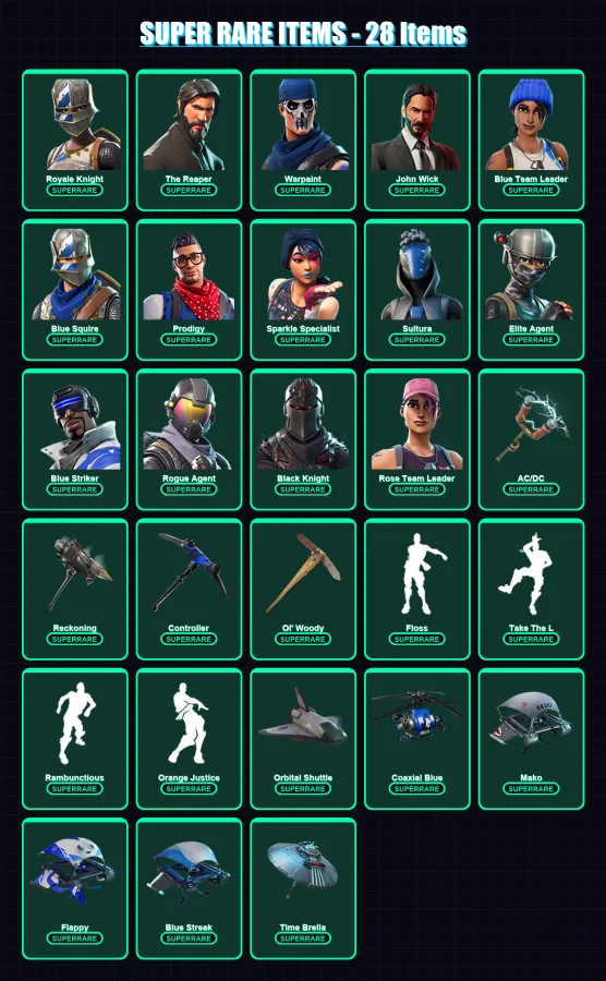 [PC/XBOX] | Royale Knight | The Reaper | Warpaint | John Wick | Blue Team Leader | 128 skin | 93 pickaxe | 149 emote | 83 glider | Lv750