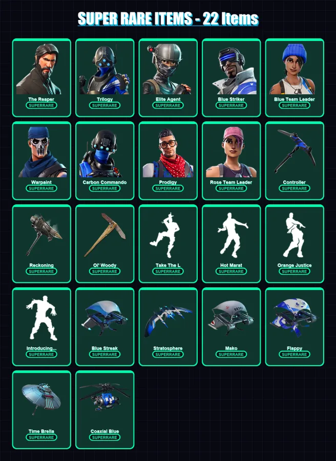 [PS4/PS5/PC] | The Reaper | Trilogy | Elite Agent | Blue Striker | Blue Team Leader | 96 skin | 90 pickaxe | 116 emote | 103 glider | Lv1320