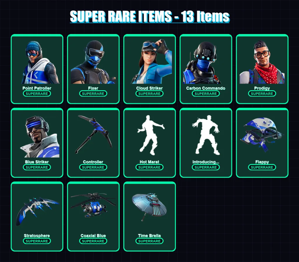 [PS4/PS5/XBOX/PC] | Point Patroller | Fixer | Cloud Striker | Carbon Commando | Prodigy | 72 skin | 78 pickaxe | 72 emote | 86 glider | Lv1155