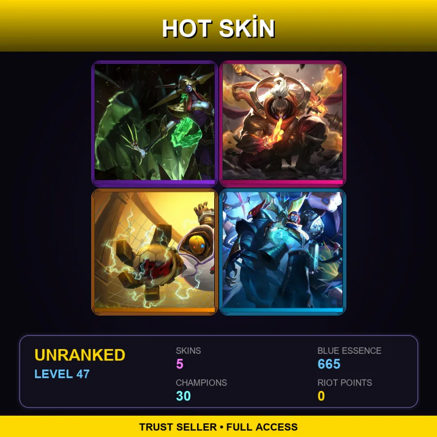 BR | Blade Queen Lissandra | God Staff Jax | Goalkeeper Blitzcrank | SKT T1 Kalista | 5 Skin | 30 Champ | Lv47