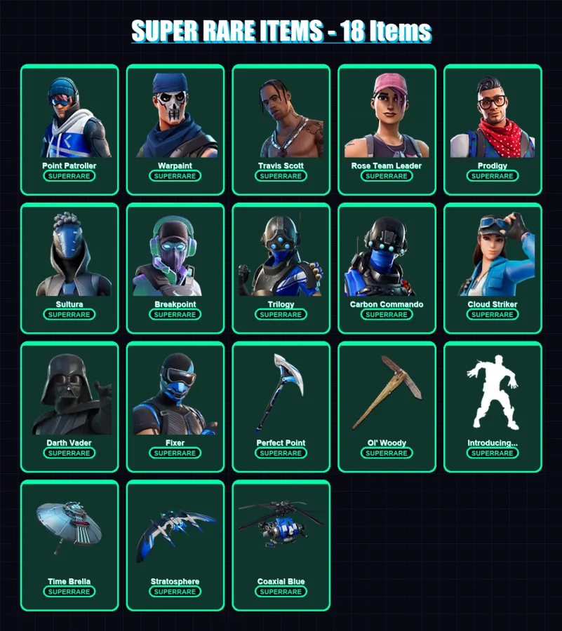 [PS4/PS5/XBOX/PC] | Point Patroller | Warpaint | Travis Scott | Rose Team Leader | Prodigy | 184 skin | 192 pickaxe | 176 emote | 167 glider | Lv232