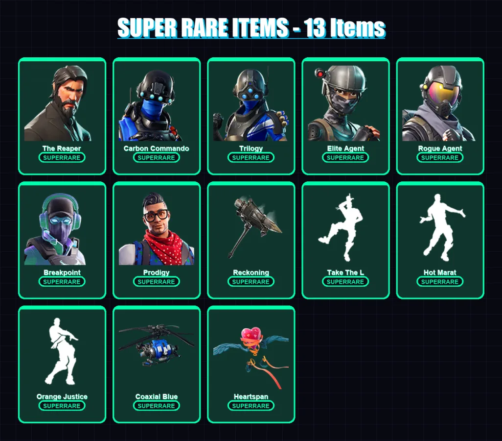 [PS4/PS5/XBOX/PC] | The Reaper | Carbon Commando | Trilogy | Elite Agent | Rogue Agent | 81 skin | 51 pickaxe | 75 emote | 59 glider | Lv813