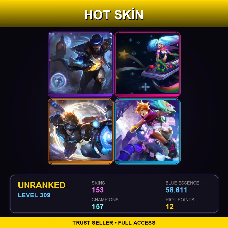 EUW | Lv309 | Unranked | 153 Skin | 157 Champ — LoL account